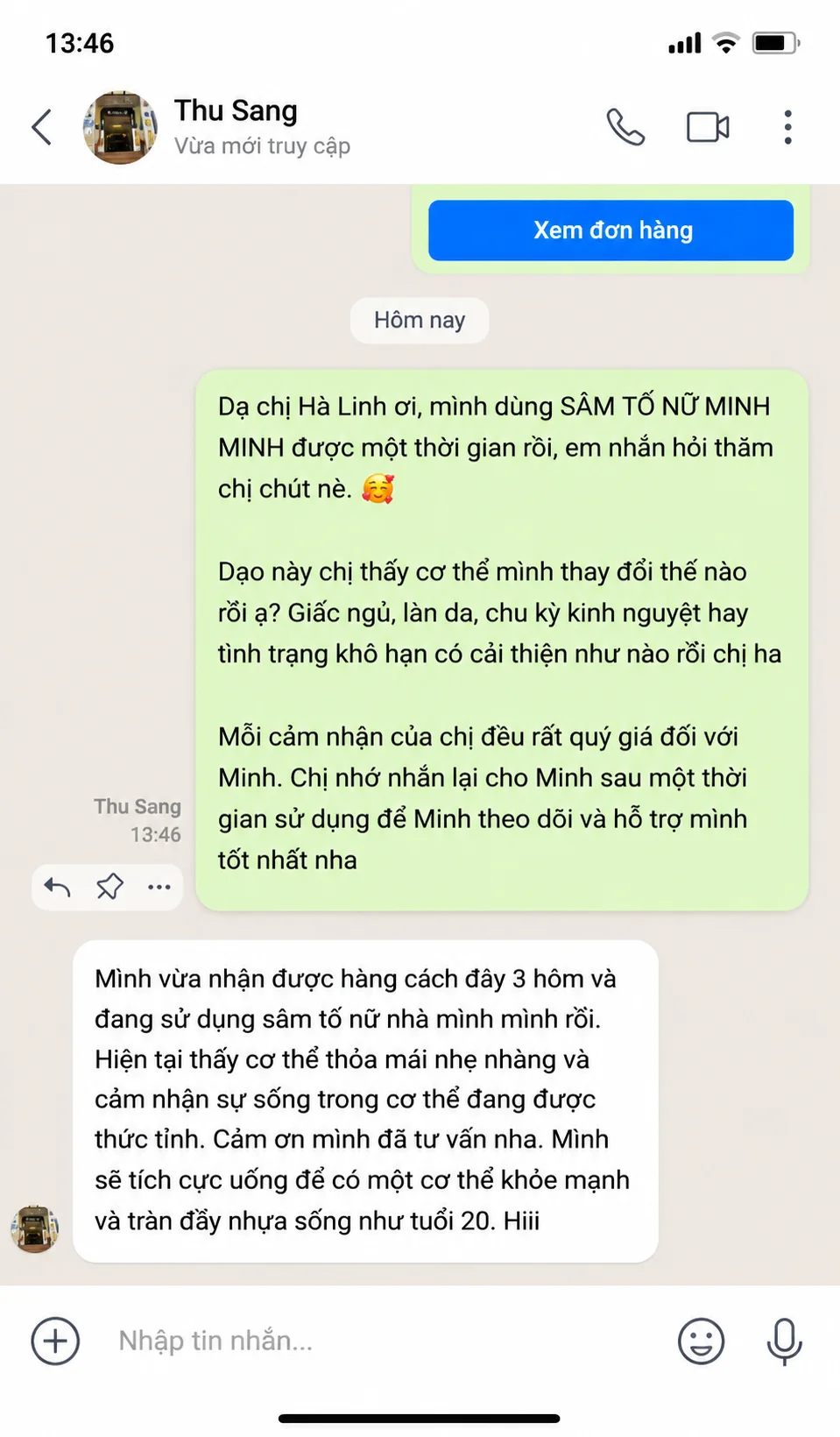 Tin nhắn khách hàng Thu Sang phản hồi cơ thể thoải mái