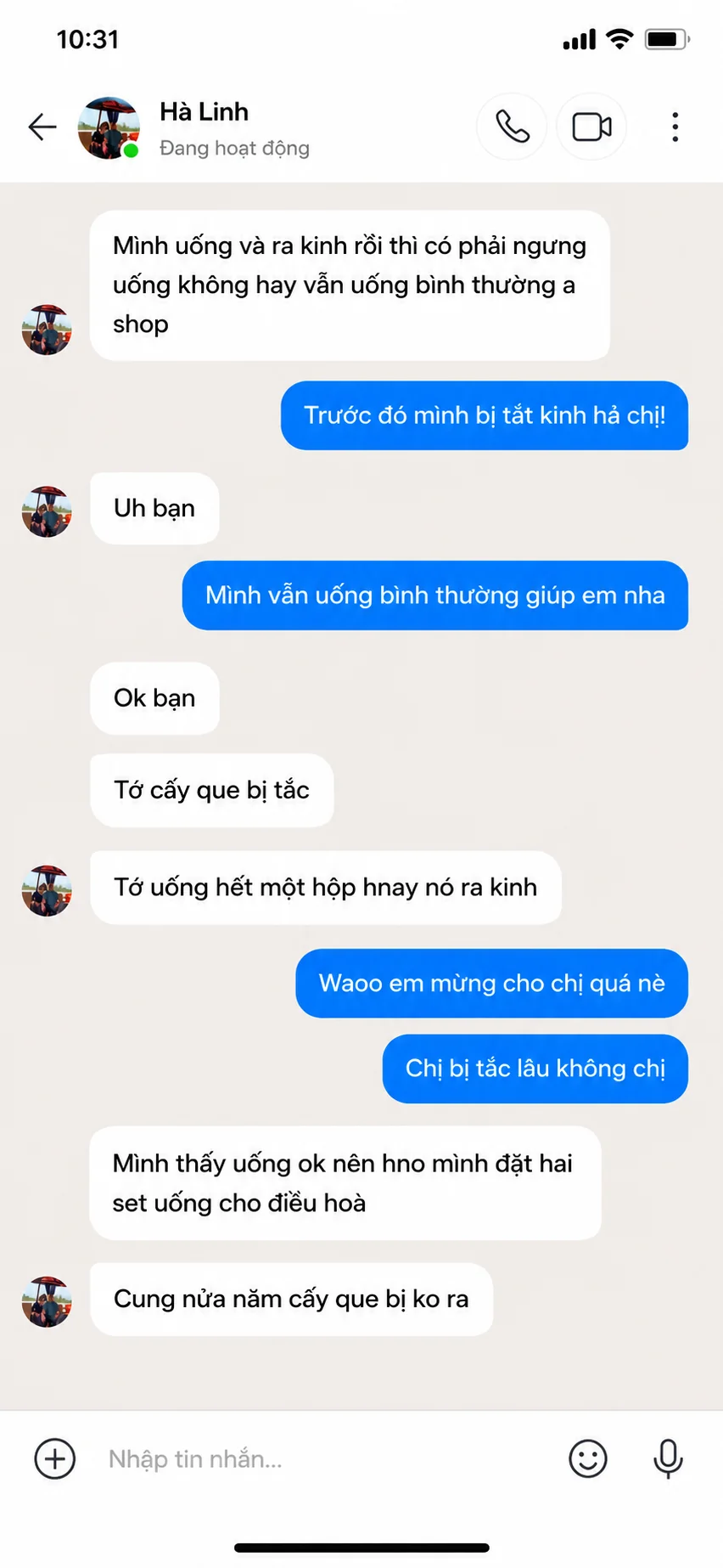 Tin nhắn khách hàng Hà Linh phản hồi uống ra kinh đều