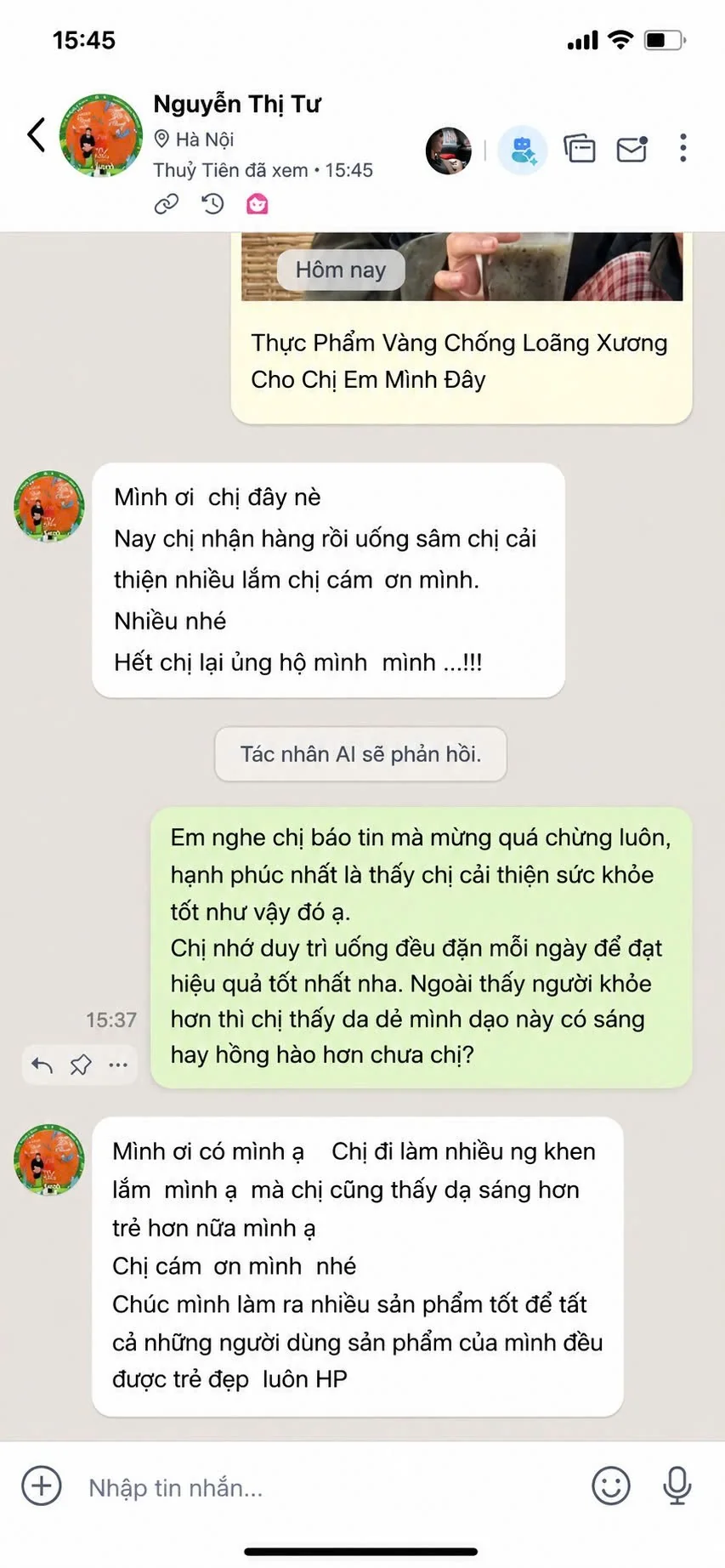 Tin nhắn khách hàng Nguyễn Thị Tư phản hồi sức khỏe cải thiện