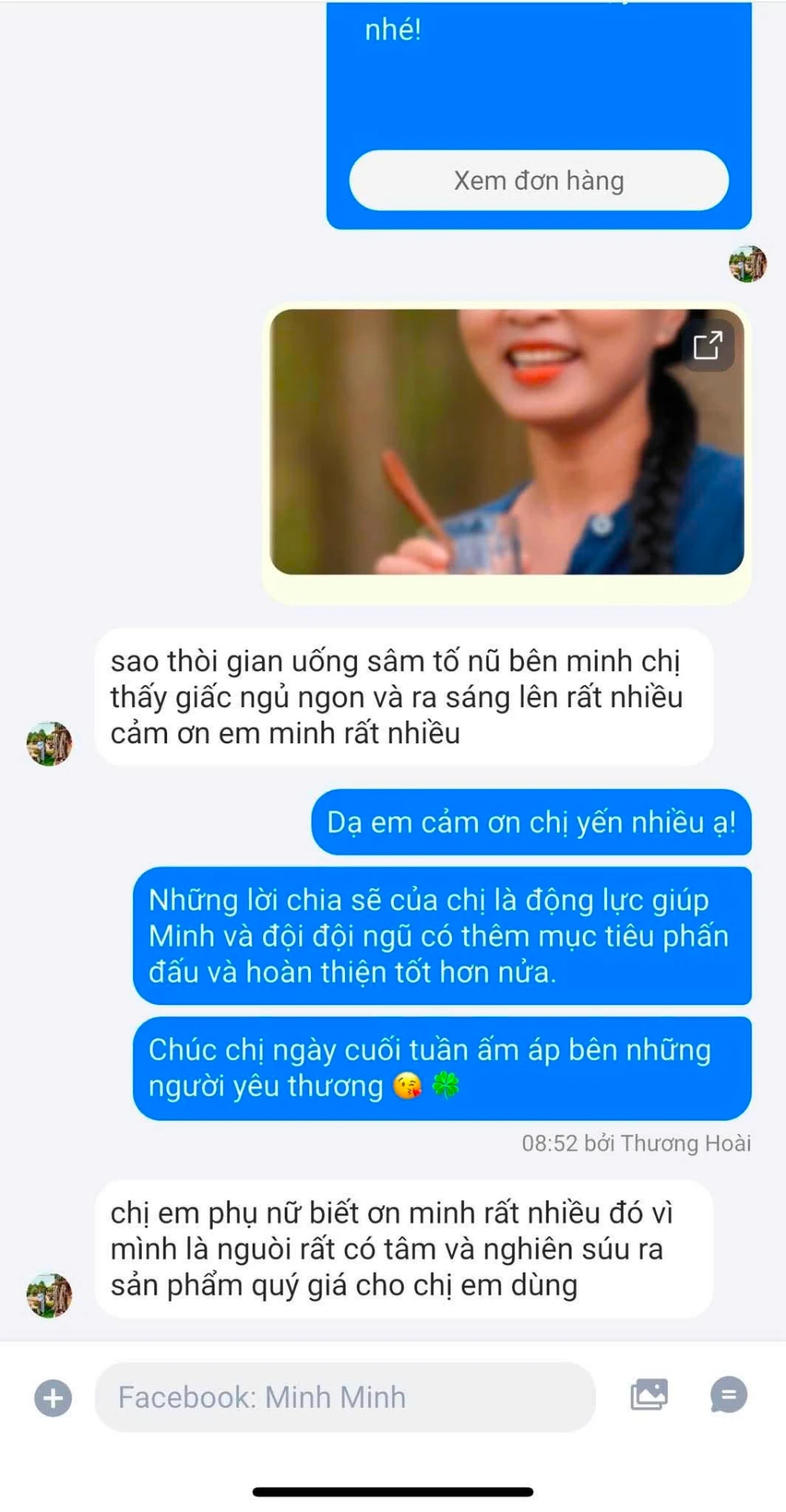 Tin nhắn khách hàng phản hồi ngủ ngon và da sáng