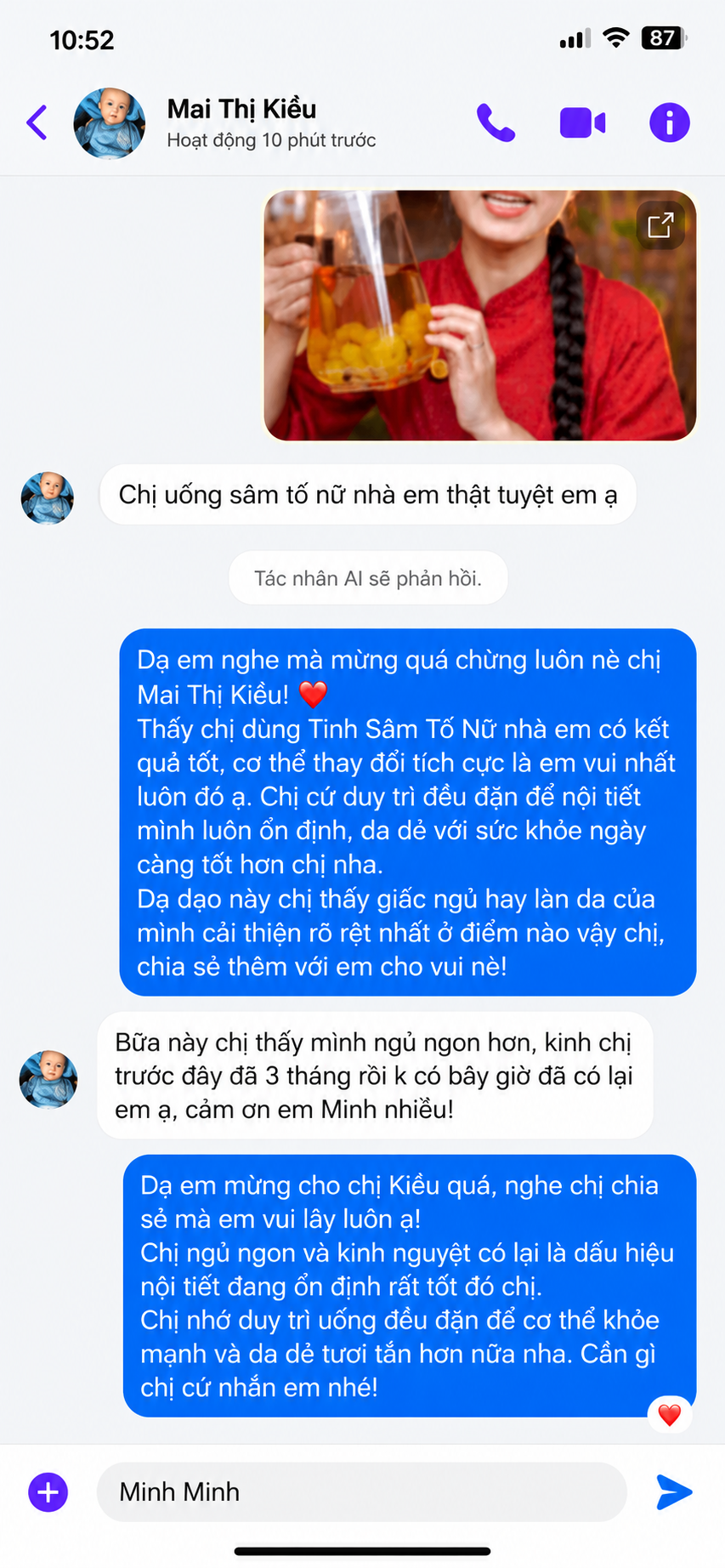 Tin nhắn khách hàng Mai Thị Kiều phản hồi ngủ ngon và kinh đều