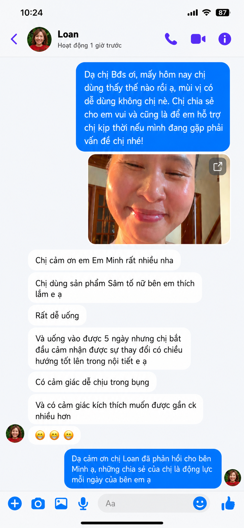 Tin nhắn khách hàng Loan phản hồi dễ uống và cơ thể dễ chịu