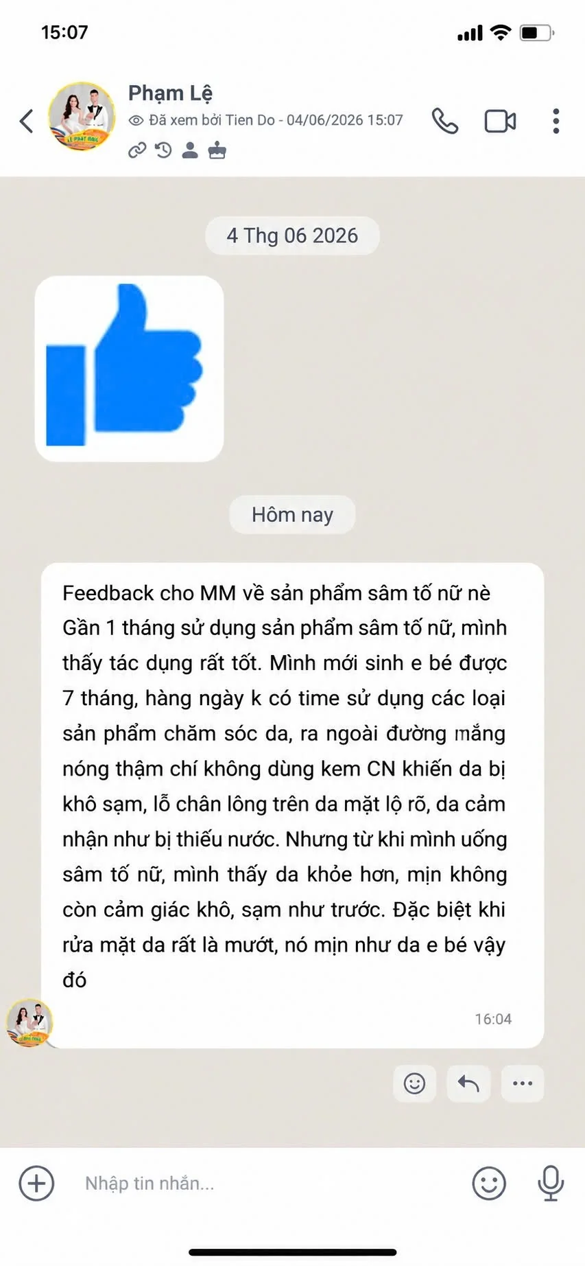 Tin nhắn khách hàng Phạm Lệ phản hồi da mịn hơn