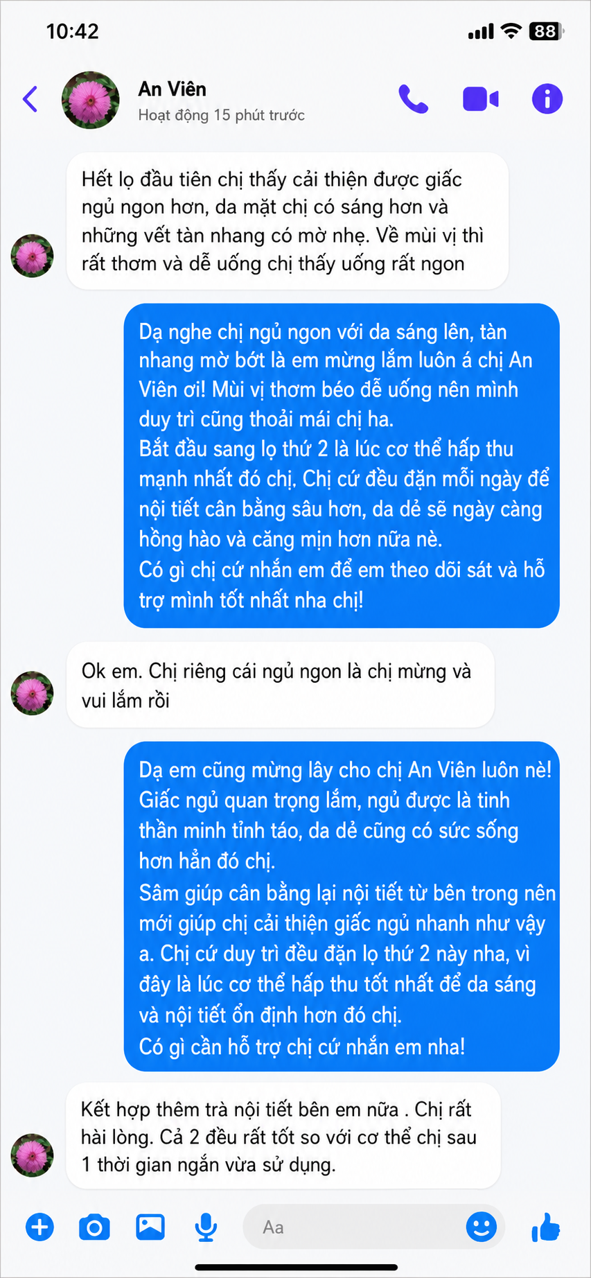 Tin nhắn khách hàng An Viên phản hồi ngủ ngon, da sáng, dễ uống