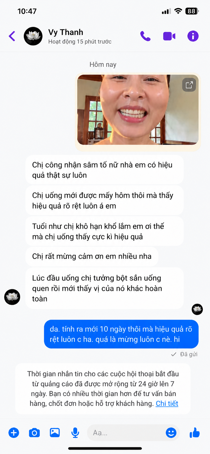 Tin nhắn khách hàng Vy Thanh phản hồi hiệu quả rõ rệt sau 10 ngày