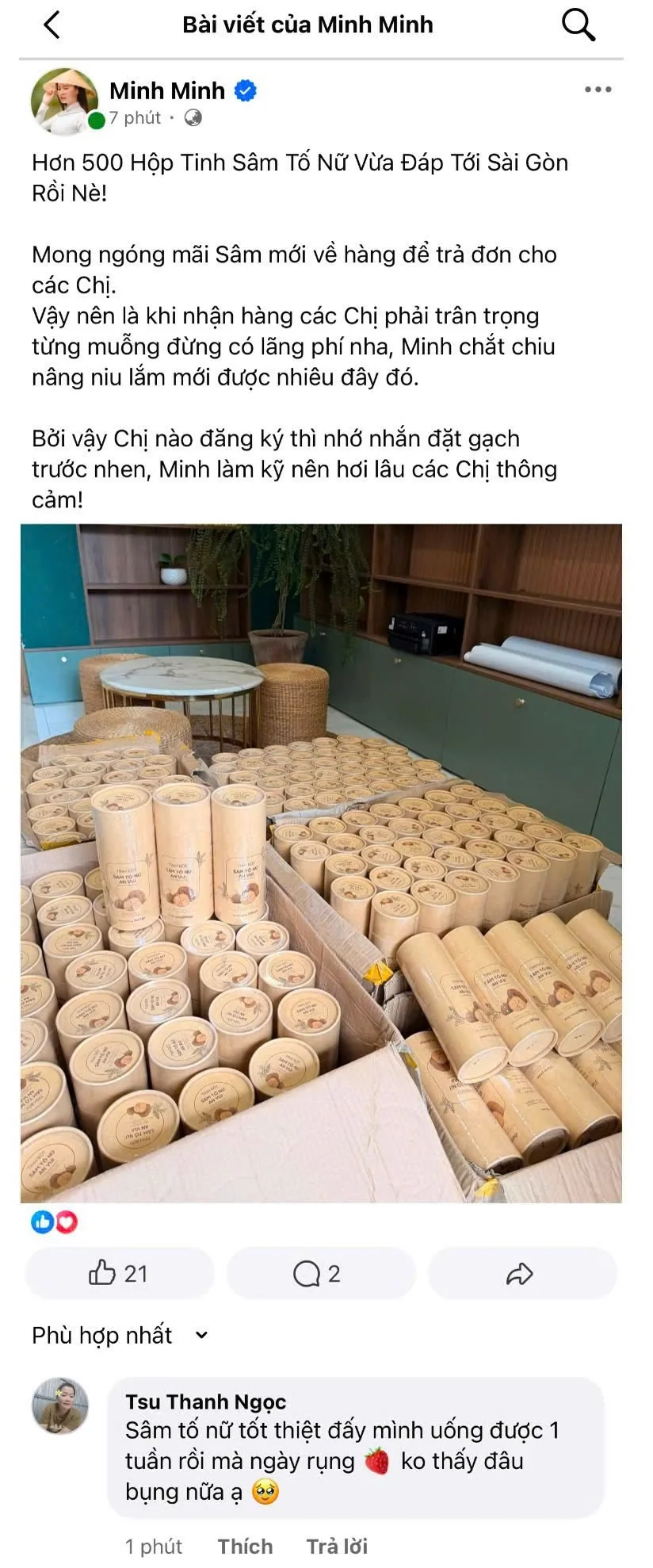 Bài đăng khách hàng: hơn 500 hộp sâm tố nữ vừa về Sài Gòn