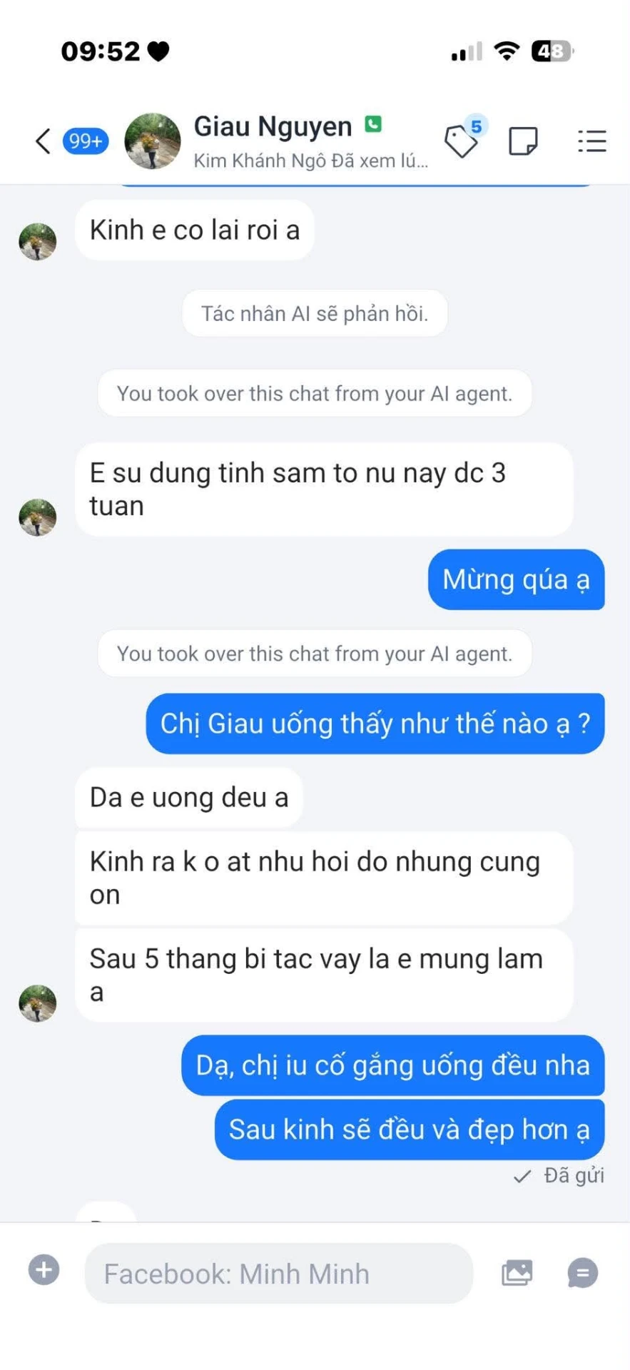 Tin nhắn khách hàng Giau Nguyen phản hồi kinh nguyệt đều trở lại